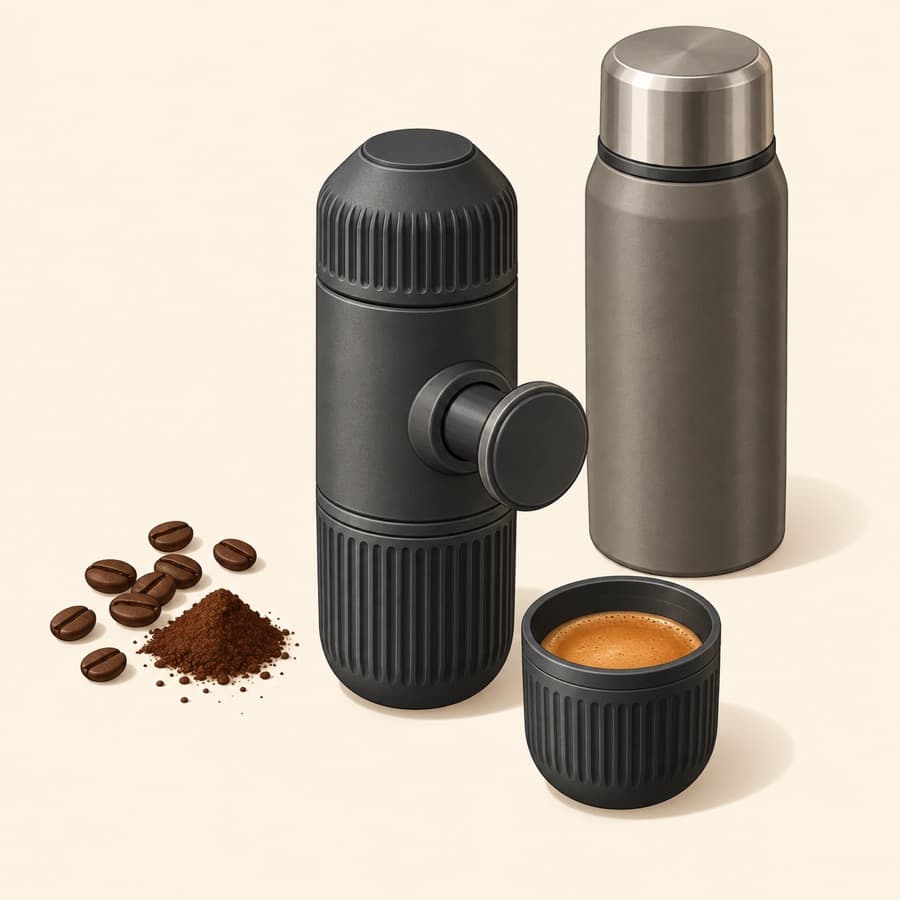 Ilustración conceptual de cafetera portátil; no representa exactamente Wacaco Nanopresso