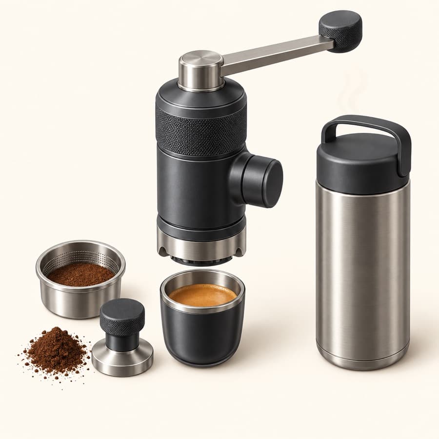 Ilustración conceptual de cafetera portátil; no representa exactamente Wacaco Picopresso